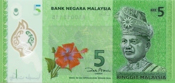 Malezja 5 Ringgit Dzioborożec żałobny 2011 P-52c