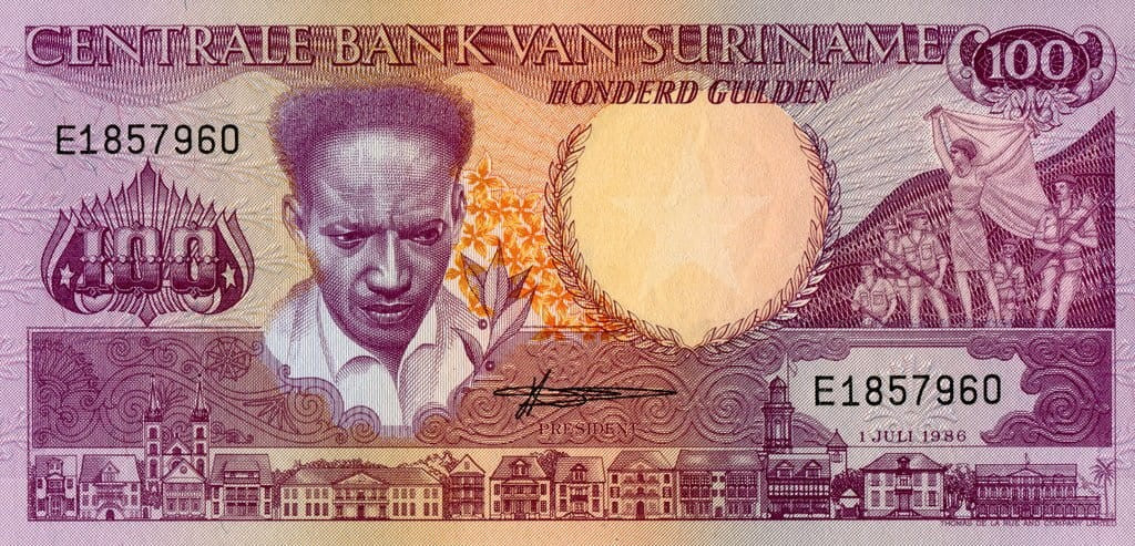 Surinam 100 guldenów Tukan 1986 P-133a.1