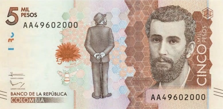 Kolumbia 5000 peso J. Asuncion Silva 2015 P-459a
