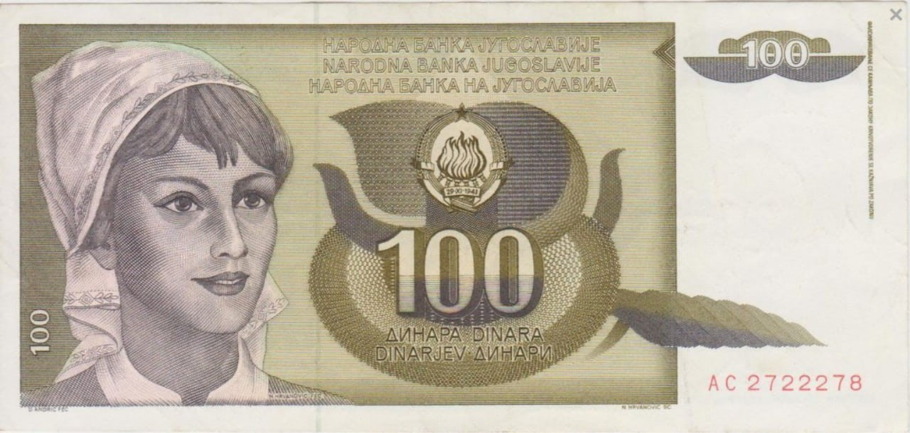 Jugosławia 100 dinarów Kobieta 1991 P-108a